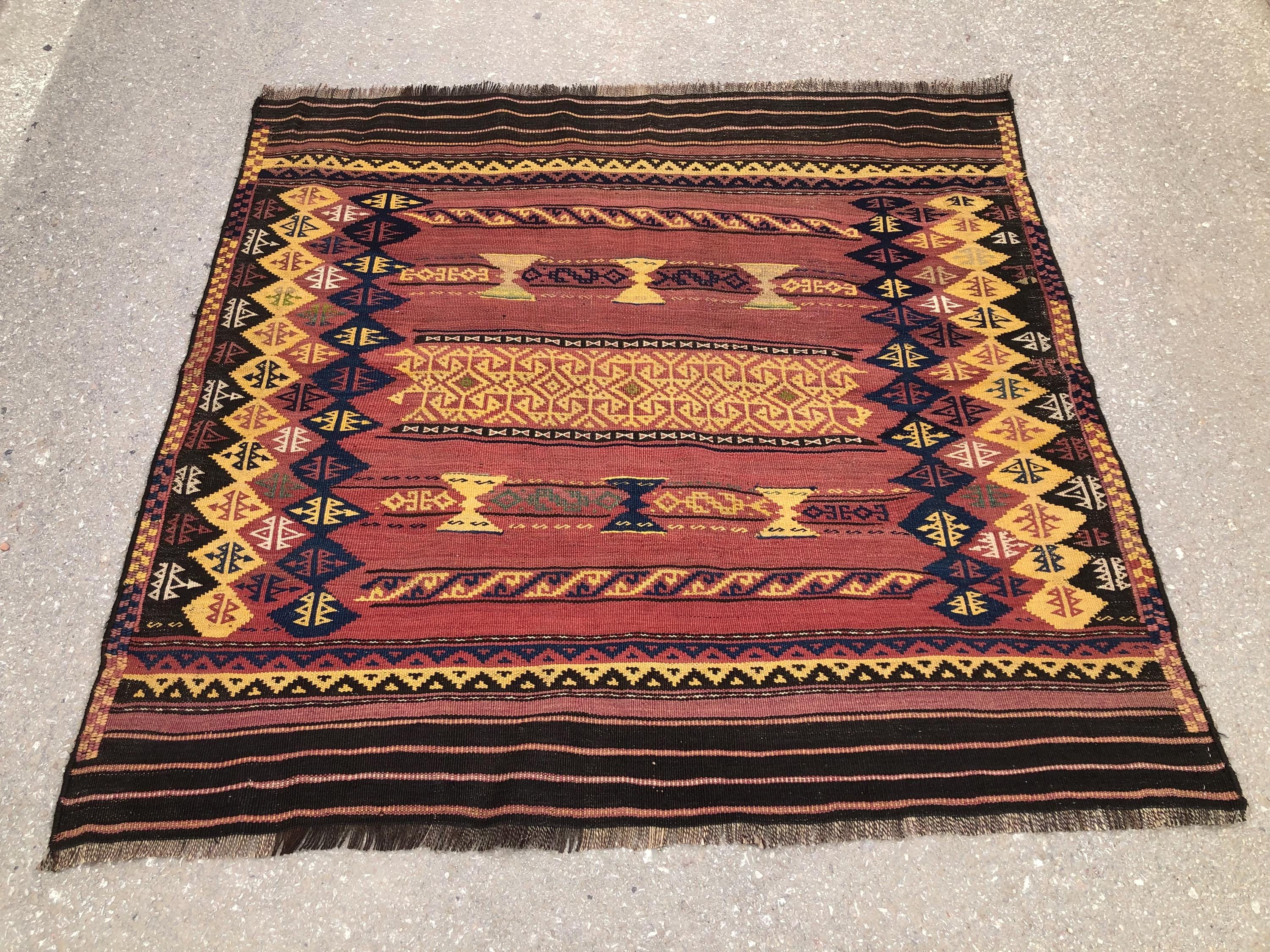 Tribal Afghan Kilim Rug: Square Boho Flatweave, 4x4'4 ft