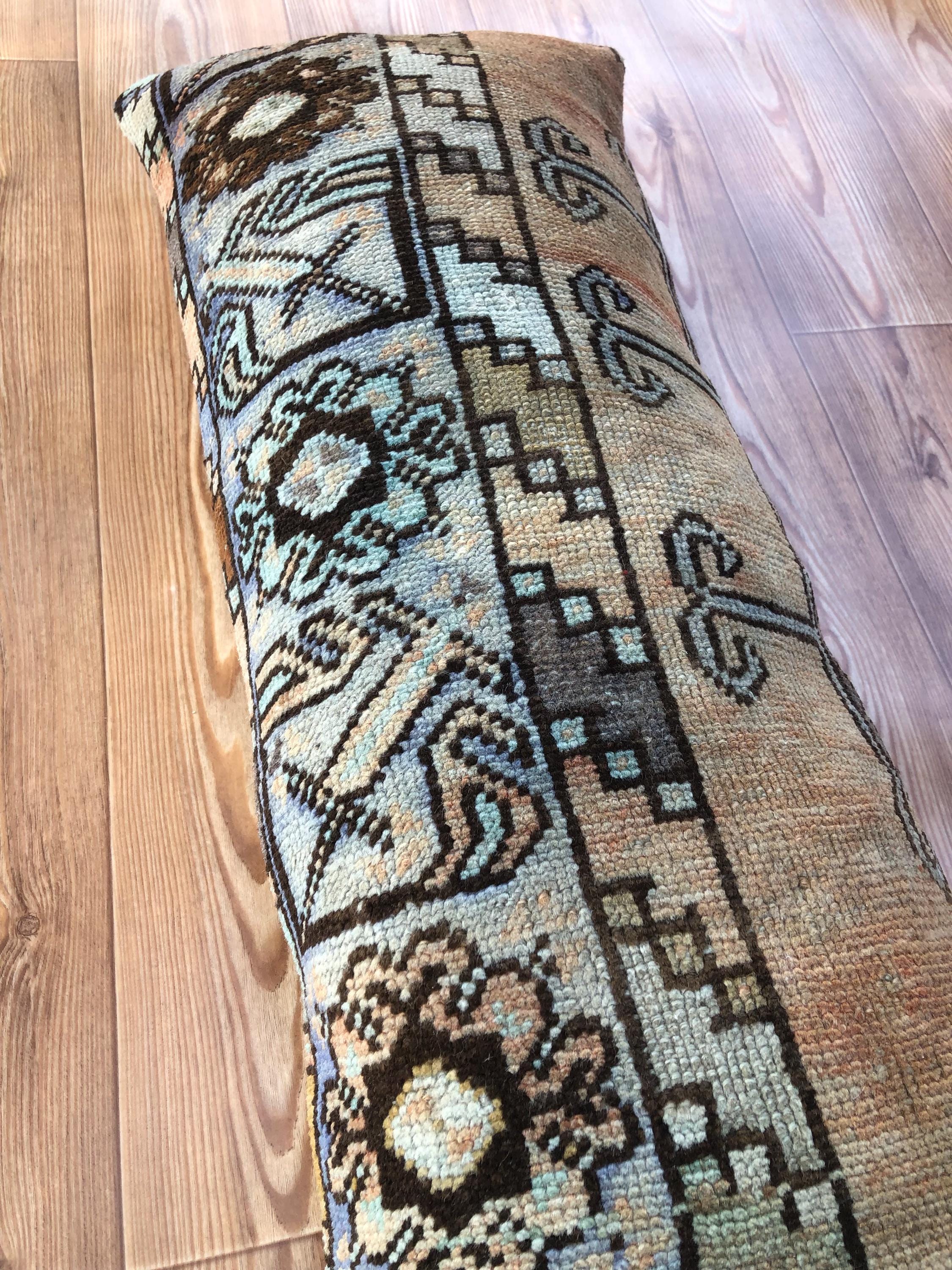 Handwoven Tribal Lumbar Pillow: Vintage Turkish Rug, Muted Earth Tones (14x36)