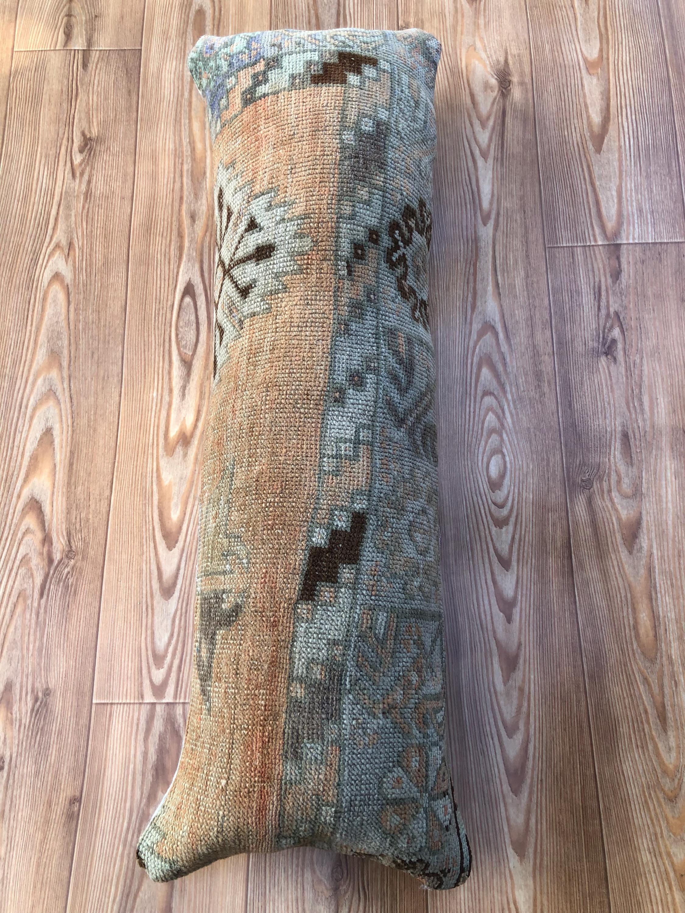 Vintage Turkish Rug Lumbar Pillow: Handwoven Wool, Boho Tribal Decor (12x35)