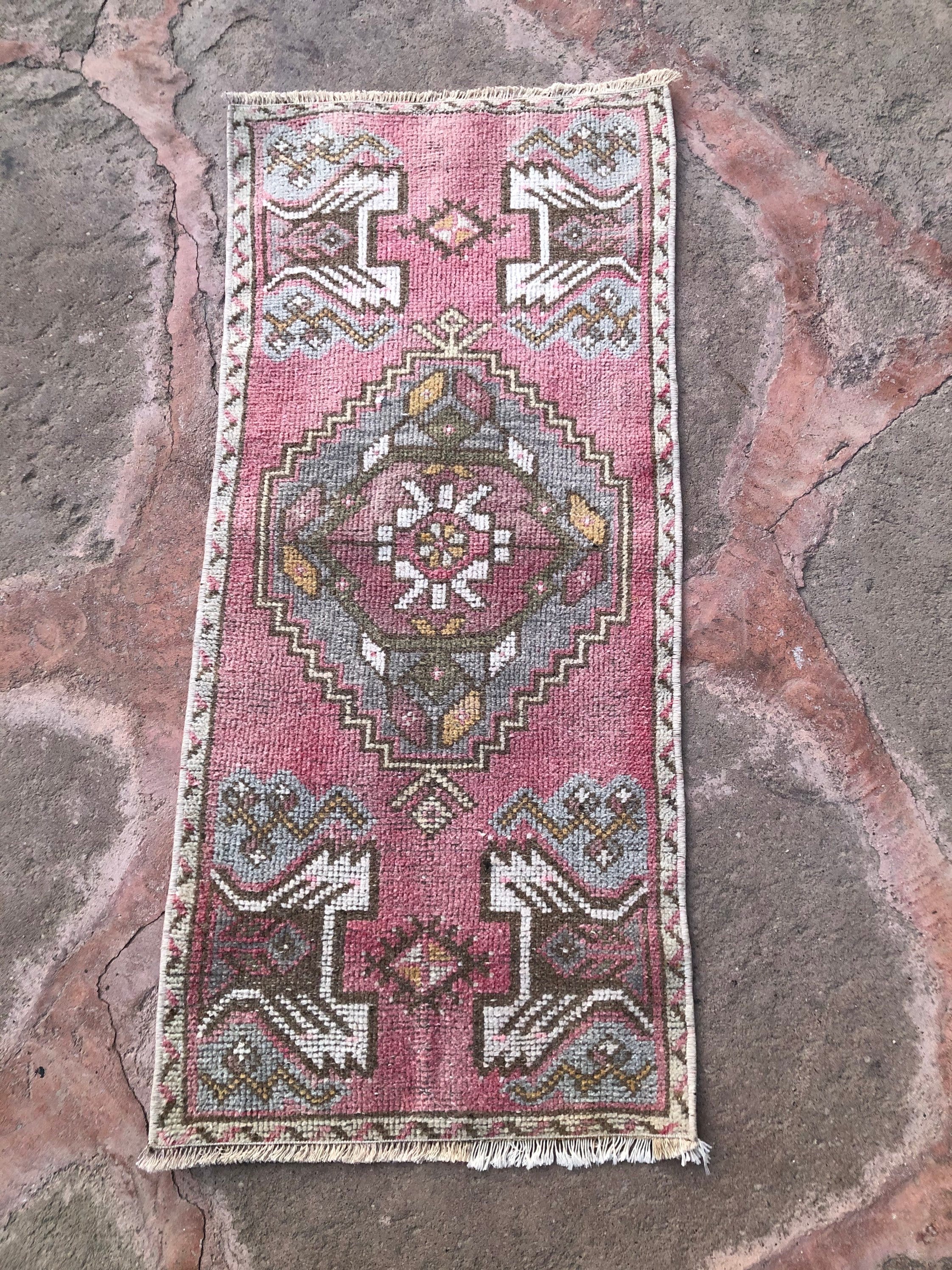 Small Vintage Turkish Rug, Pink & Gray Accent, 1.1 x 2.2 ft, Entryway Rug