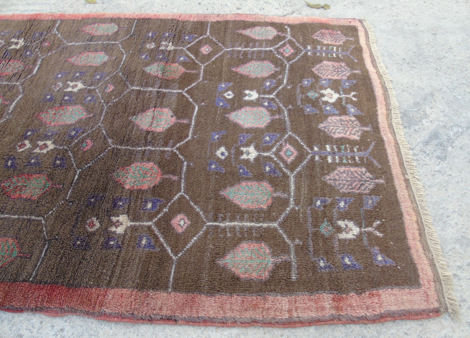 Vintage Brown Wool Turkish Rug: Handmade Tribal Saloon Rug (3'7 x 6')