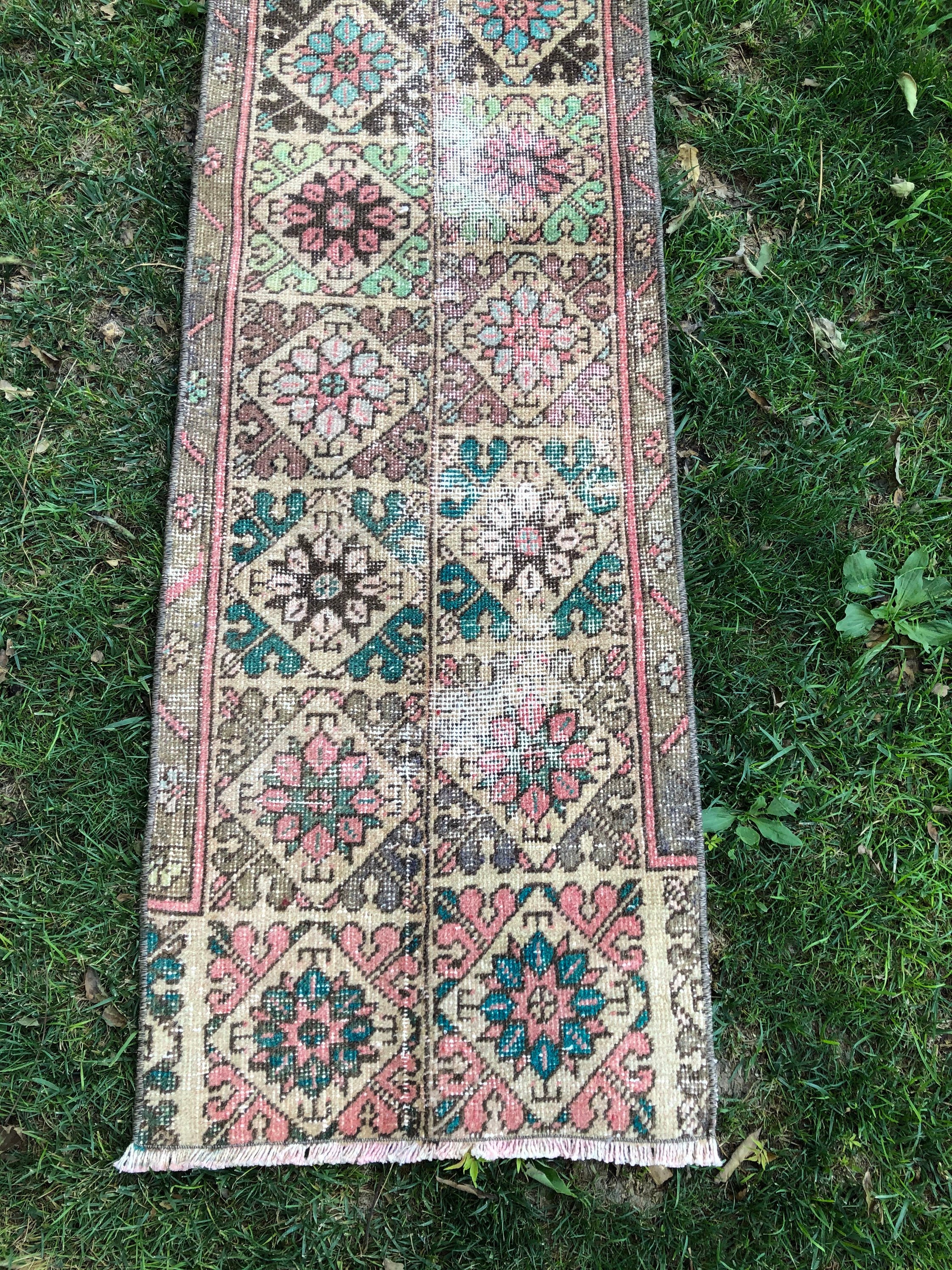 Bohemian Oushak Runner Rug: Vintage Turkish Hallway Rug (1’9x12’8)