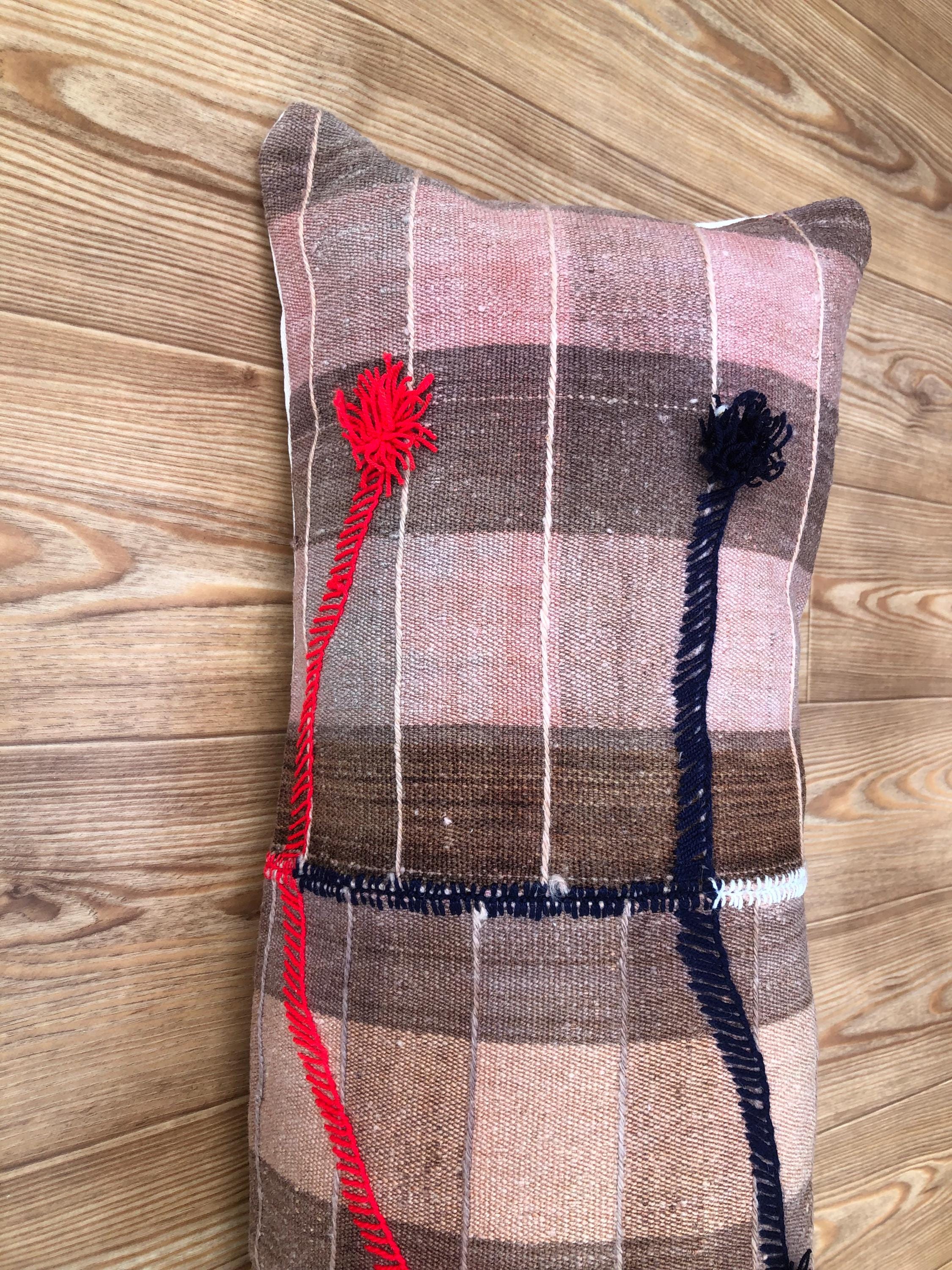 Vintage Kilim Lumbar Pillow: Handwoven Wool Plaid Cushion with Tassels