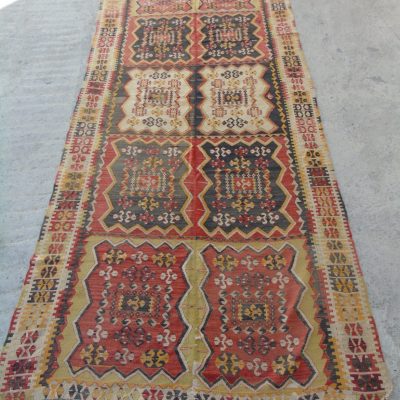 Yellow-Red-Black-Biege Kilim Motifs Patterned Handmade Kilim Rug, 4’9 x11′ / 150x 338 cm, Turkish Kilim Rug.