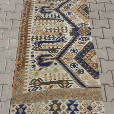 2’8 X 5’0 / 87 X 153 cm, Biege, Brown and Blue Coloured Original Turkish Kilim Area Rug, Vintage Rare Anatolian Rug