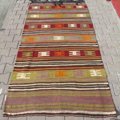 Decorative Rug, 123 x 222 cm / 4’0 x7’2, Multi-Colored Stripes Turkish Kilim Rug, Area Rug.