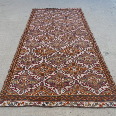 Office rug, Wool on Wool Rug, 5’0 x 10’6 /154 x 325 cm, Area Rug, Red with Multi-Colored Kilim Turkish Rug, Living room rug.