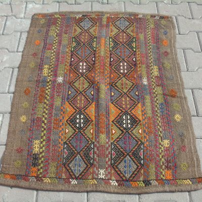 Multi-Colored on Pale Brown Zili Kilim Rug, Vintage Small Kilim Rug, 2’7 x 3’7 /84 x 113 cm