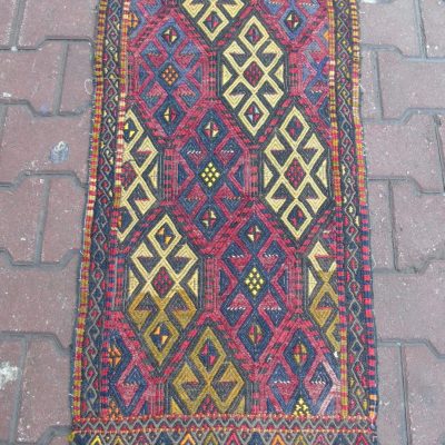 Purplish Red with different Colors on Turkish Zili Kilim rug, Door Mat Rug, Entryway Rug, Small Turkish Rug, Bath Rug, 49×98 cm /1’6 x3’2.