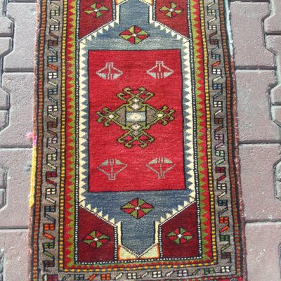 Vintage Anatolian Wool Rug, Red & Grey Multi-Colored Turkish Rug, 52 x 91 cm/1’7×2’9, Entry Rug, Door Mat, Decorative Rug, Under Desk Rug.