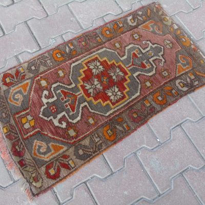 Pink-Grey Colored Small Turkish Carpet, Decorative Rug, Door Mat, Vintage Anatolian Handmade Wool on Wool Rug, 46 x 85 cm /1’5 x 2’7.