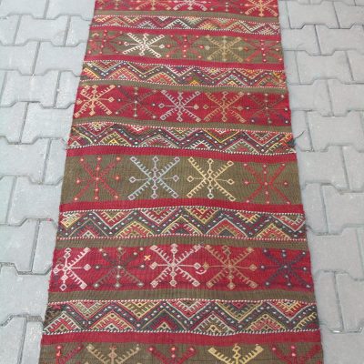 Red-Multi-Colored Decorative Turkish Kilim Rug, Small Kilim Rug, Bedside Kilim Rug, Door Mat Kilim Rug, Tribal Kilim Rug, 77 x 177cm/2’5×5’8