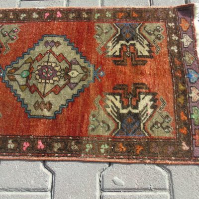 Turkish Small Rug, Vintage Pale Orange Ruby Colored,  Door Mat Rug, Entry Rug, Bohemian Tribal Rug, Vintage Turkish Rug 1’6 x 2’9/ 49 X 90cm