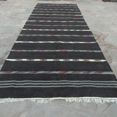 Vintage Area Kilim Rug, Dark Grey with thin White Stripes Kilim Area Rug, Large Tribal Kilim Rug, Wall Hanging Rug, 3’8 x 14’5 / 116 x 442cm