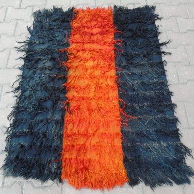 Turkish Tulu Rug, Vintage Rug, Decorative Rug, Door Mat Rug, Bedside Rug, Black and Orange, Shaggy Rug, Bohemian Rug, 91 x 111 cm/ 2’9 x 3’6