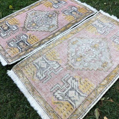 A Set of 2 Small Turkish Rugs, Vintage Small Rugs, Door Mat Rug, Bath Rug, Shoe Mat, Bedside Rug, Oushak Table Mat Rug, Placemat Rugs Rugs