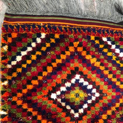 Tribal Turkish Rug, checkered Rug, Orange checkered rug, multiply color checkered design rugs, cozy pile Turkish Rug, old shaggy wool rug