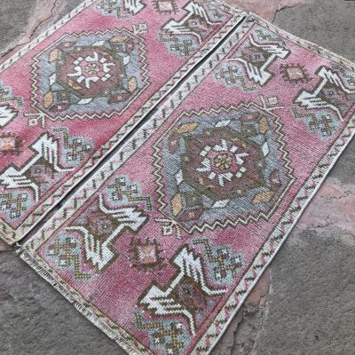 Pair of Small Oushak Rug, Twin Oushak Rug,  Small Pair Vintage Rug, Oushak Bedside Rug, pair  Door Mat, pair of small Bath Rug,